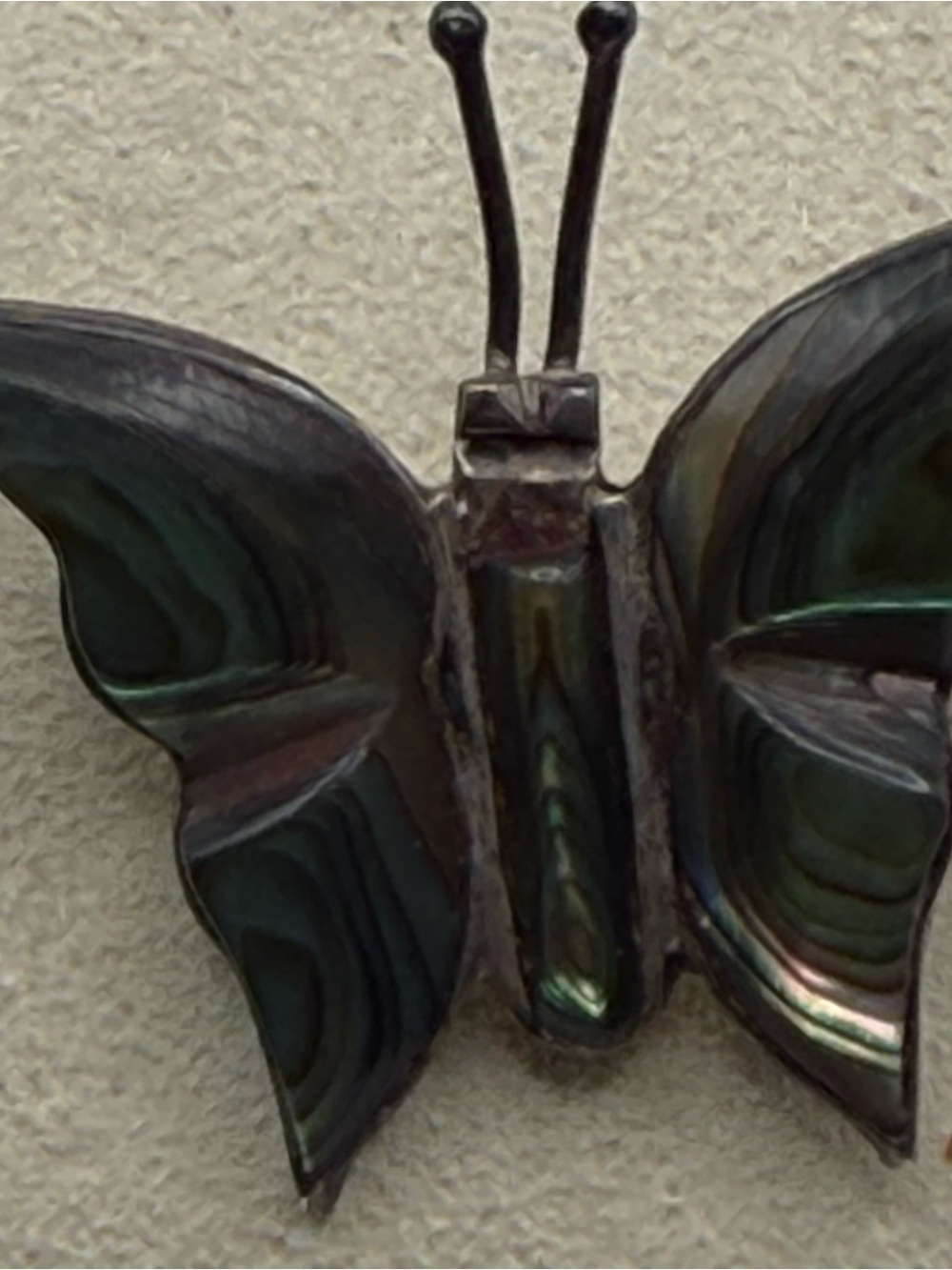 Taxco Iridescent Abalone Butterfly Brooch - Green Blue Accents - Picture 2 of 9